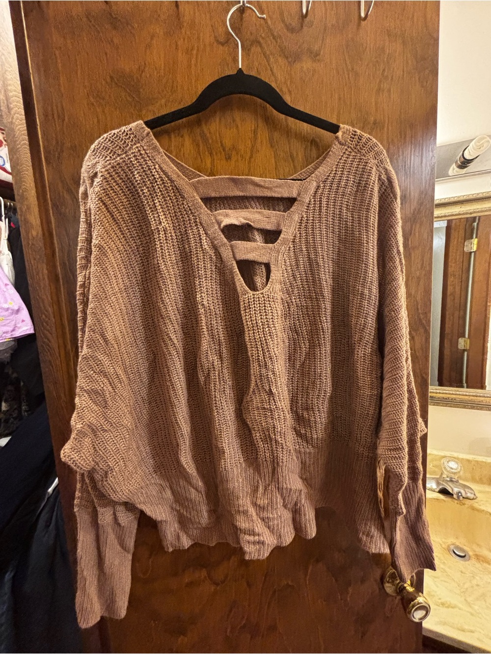 Waffle Knit Strappy Back Pullover Sweater - Taupe